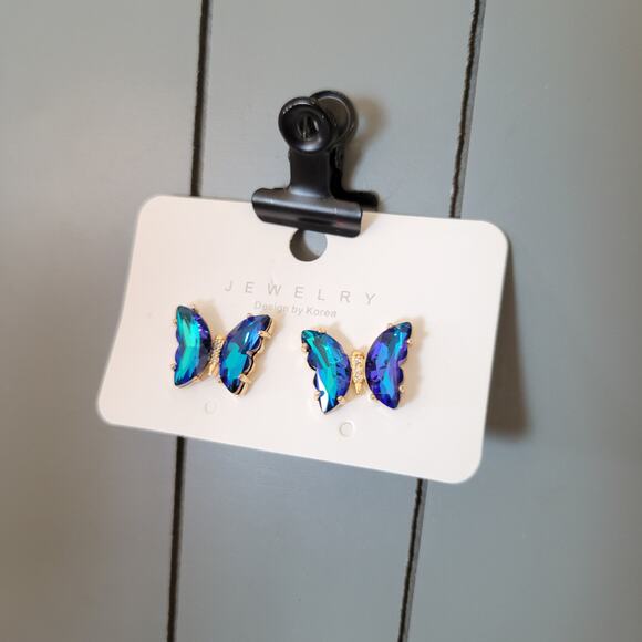 Blue Green Crystal Butterfly Stud Earrings Set of Korea Design, Gift Bag - Picture 13 of 14